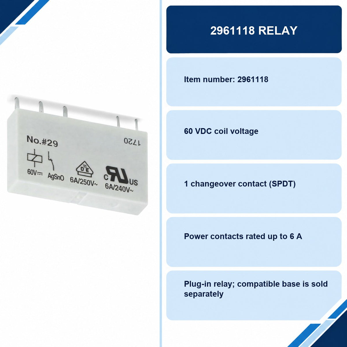 2961118 Relay specifications and delivery information