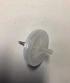 Side view of a circular water trap filter with plastic and metal connectors