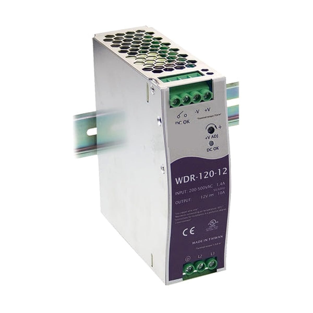 MAXTEC WDR-120-12 DIN Rail Switching Power Supply, 200-450VAC Input, 12V DC Output, 10A, 120W