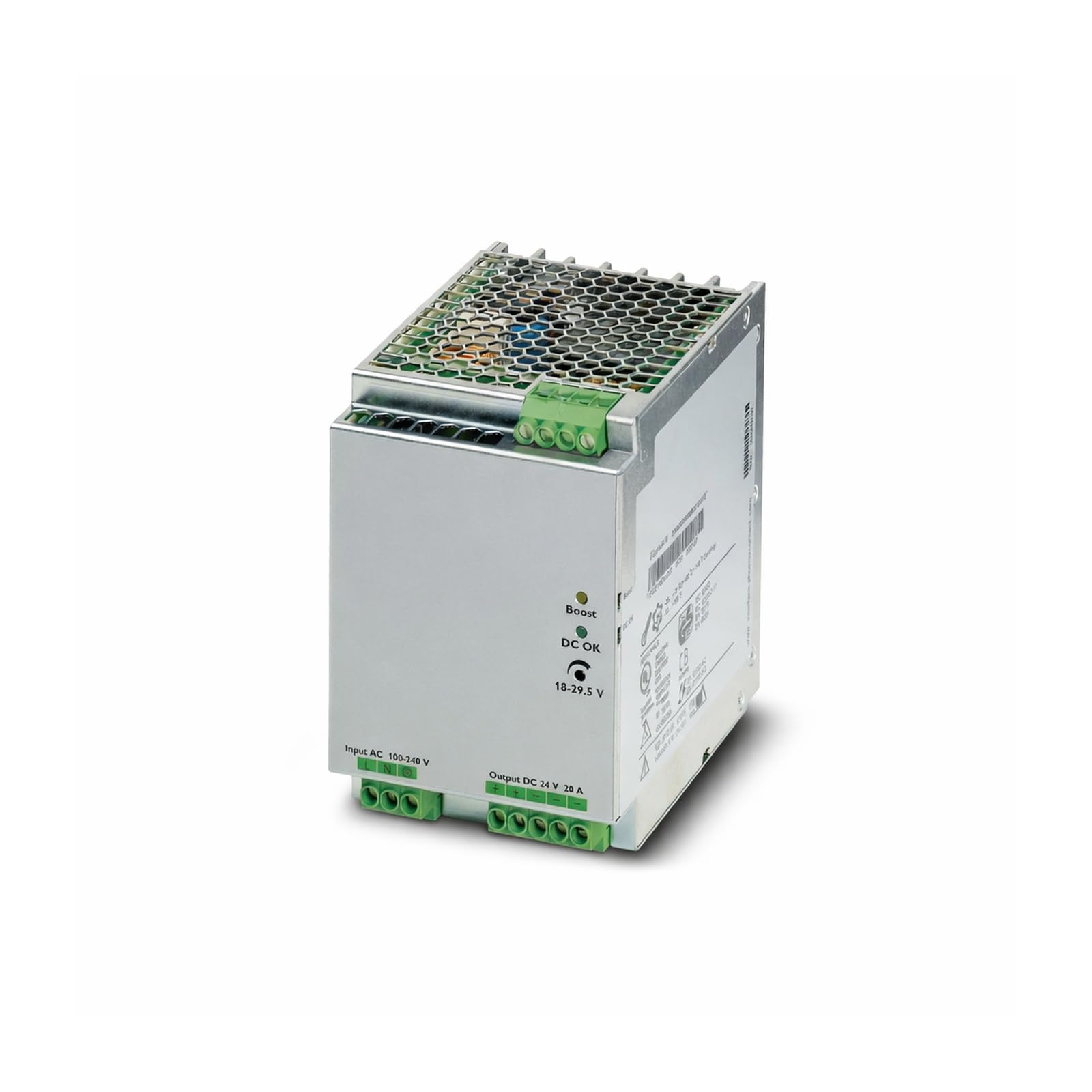 2866776 QUINT-PS/1AC/24DC/20A DIN Rail Power Supply, 100-240VAC Input, 24VDC 20A, 480W
