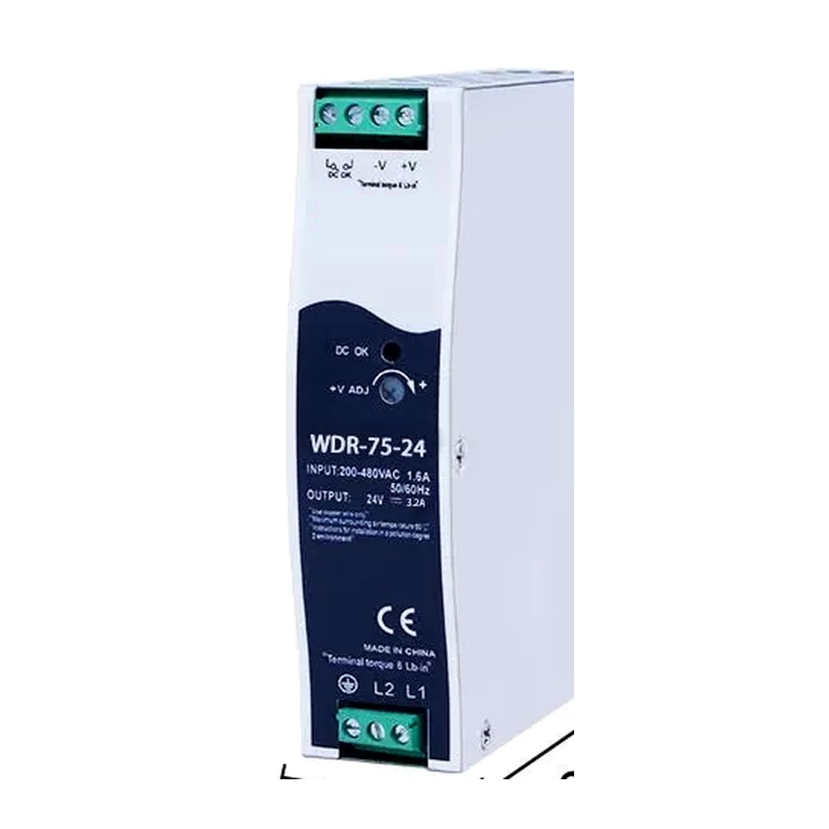 MAXTEC WDR-75-24 DIN Rail Switching Power Supply, 200-450VAC Input, 24V DC Output, 3.2A, 75W