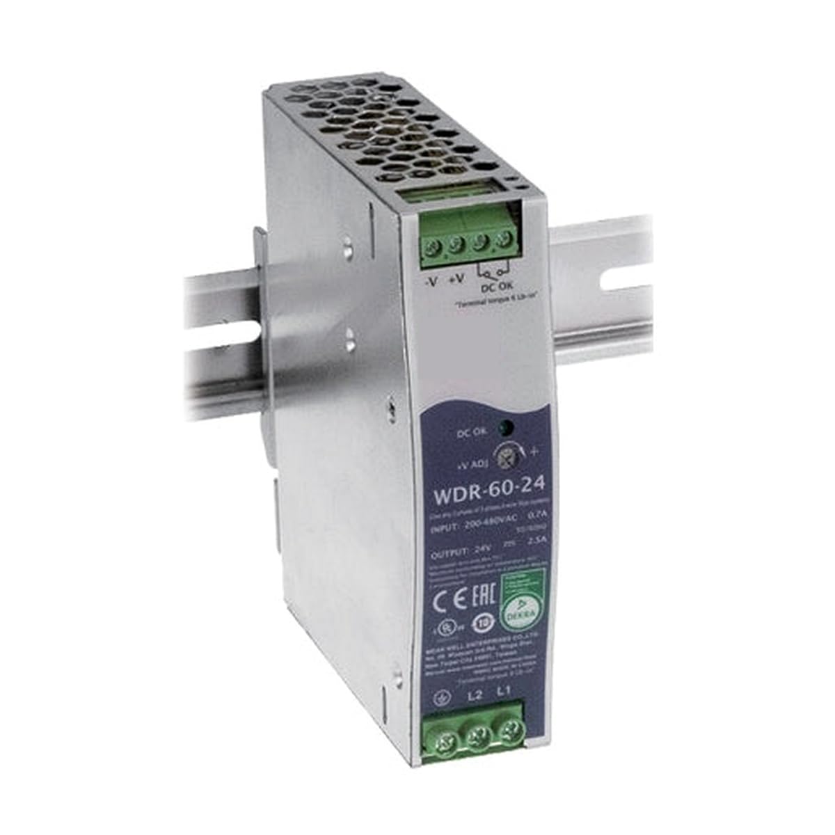 MAXTEC WDR-60-24 DIN Rail Switching Power Supply, 200-450VAC Input, 24V DC Output, 2.5A, 60W