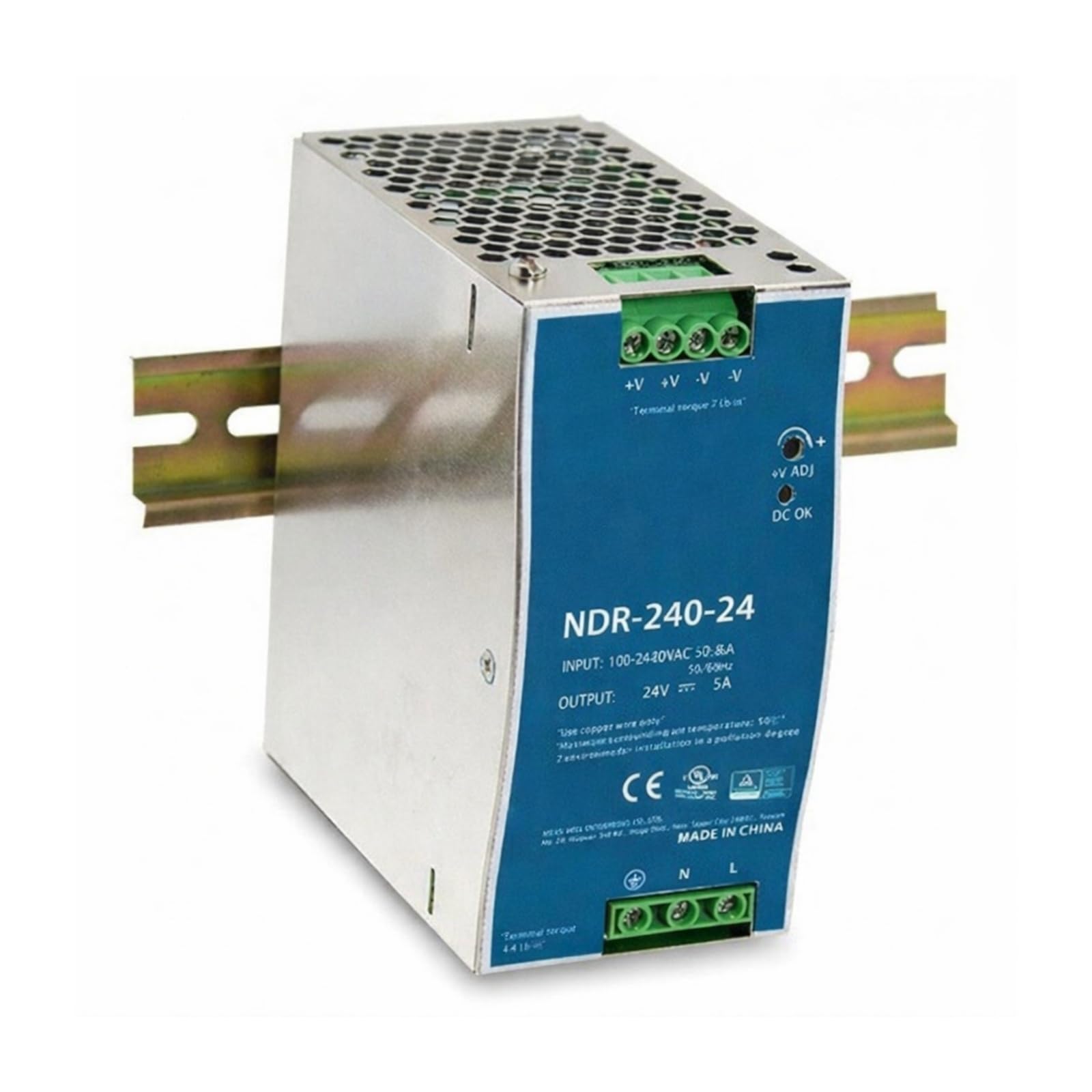 NDR-240-24 DIN Rail Power Supply, 24VDC 10A, 240W