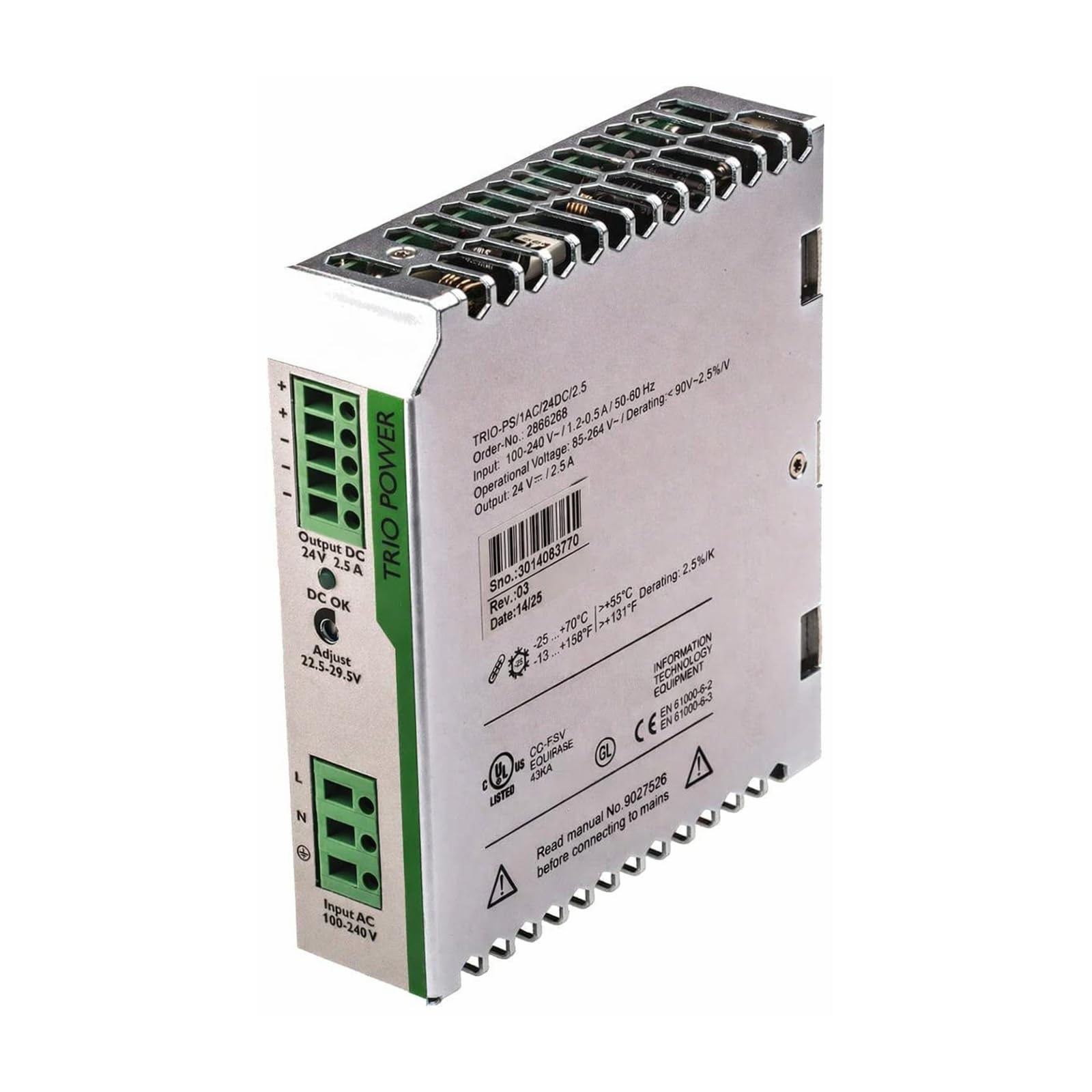 TRIO-PS/1AC/24DC/2.5 DIN Rail Power Supply, 24VDC 2.5A, 60W