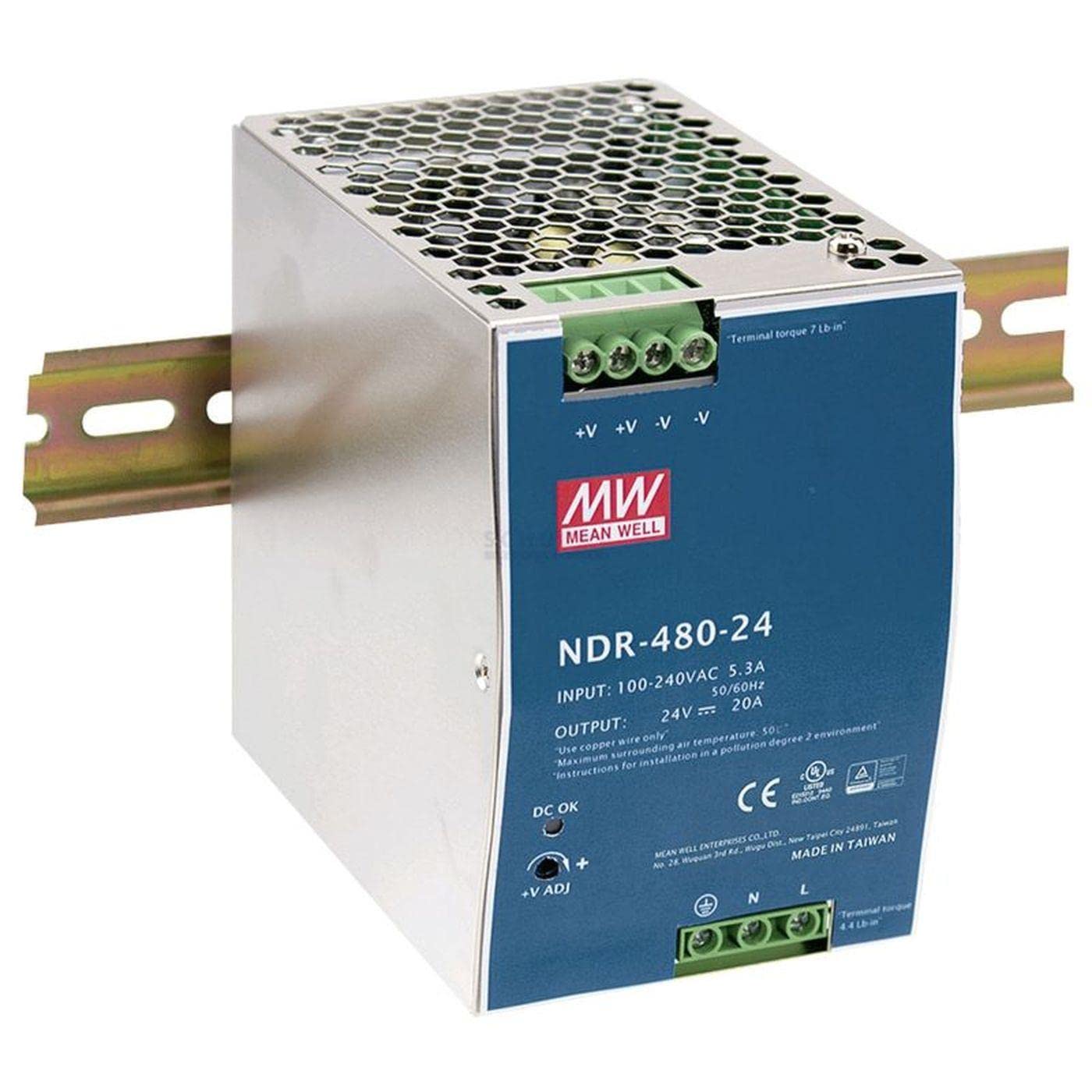 Mean Well Industrial DIN Rail Power Supply, 24 Volt 20 Amp 480 Watt NDR-480-24, 1 Piece