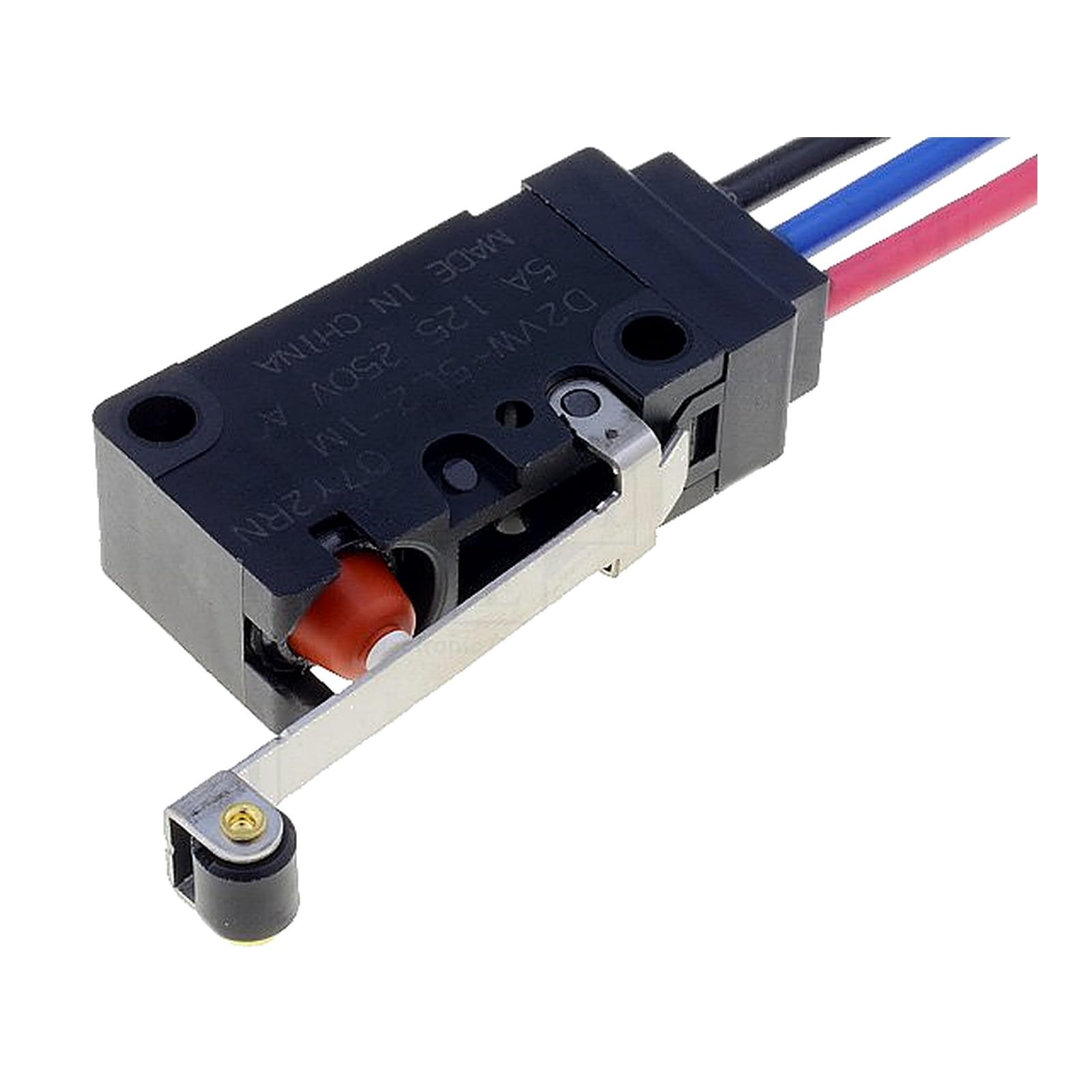 D2VW-5L2-1M Sealed Miniature Basic Switch, Hinge Roller Lever, SPDT, 5A 250VAC, Molded Lead Wires, 1 Unit
