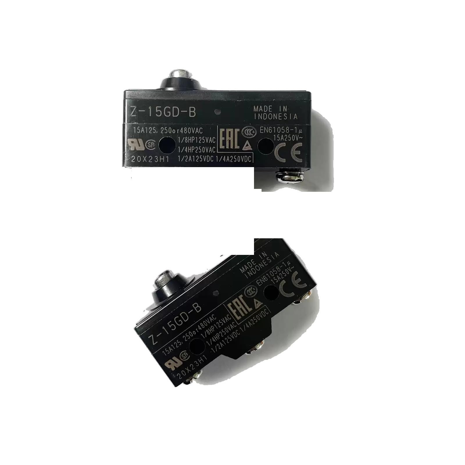 Z-15GW22-B Short Hinge Roller Lever Micro Switch, Screw Terminals - Pack of 2
