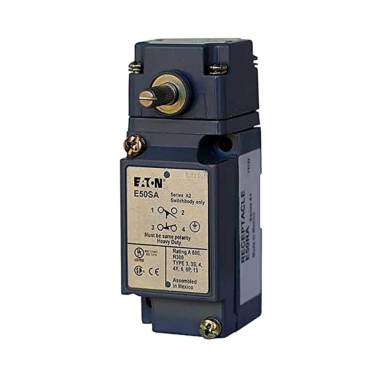 CUTLER HAMMER E50AR1 Side Rotary, Spring Return, 250 VDC, Heavy Duty, 240 VAC, Assembled, Limit Switch, 1 A, 10 A, 1 NO/1 NC