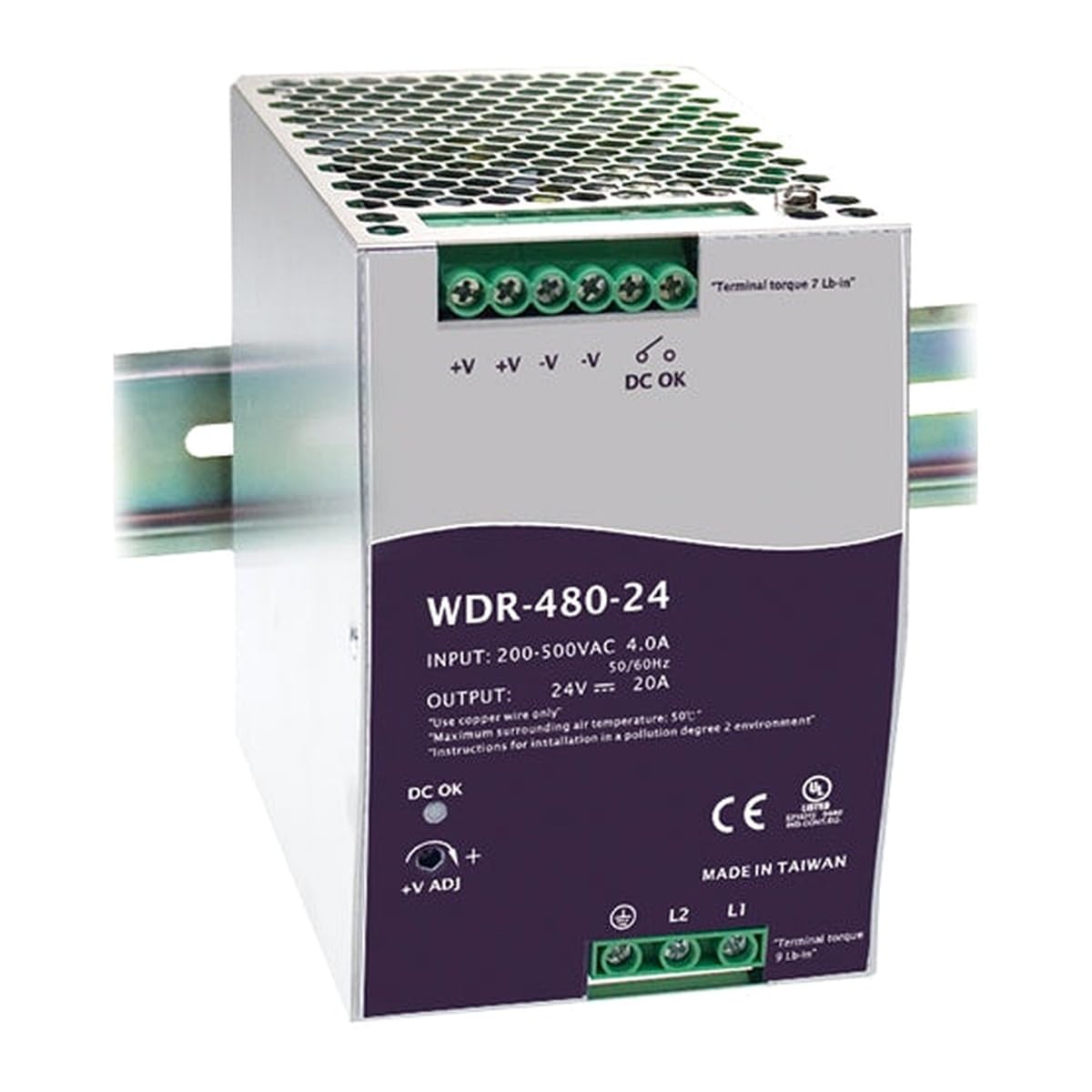 MAXTEC WDR-480-24 DIN Rail Switching Power Supply, 200-450VAC Input, 24V DC Output, 20A, 480W