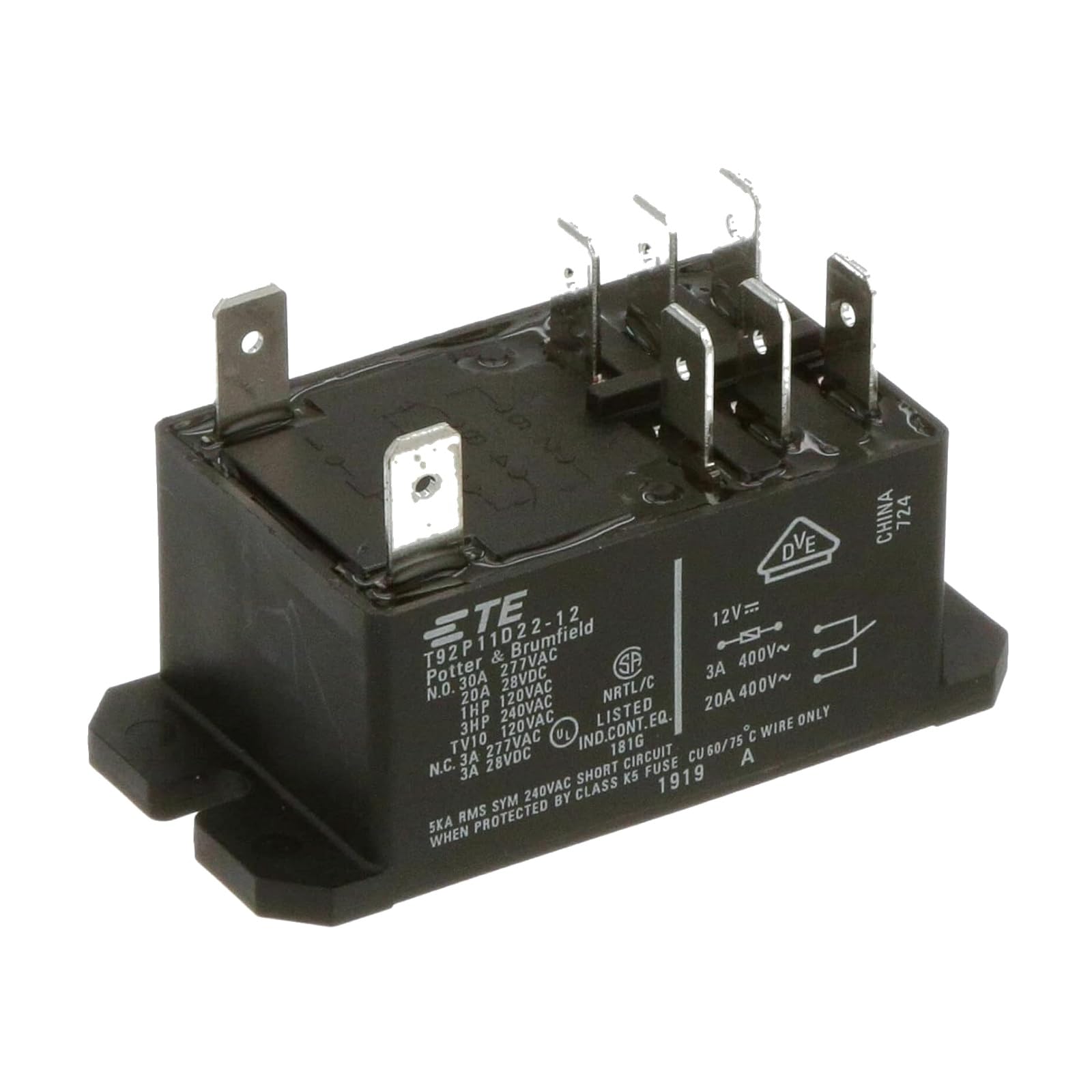 Potter & Brumfield T92P11D22-12 Power Relay DPDT 12V DC 30A, TE T92S11D22-12, Pack of 2
