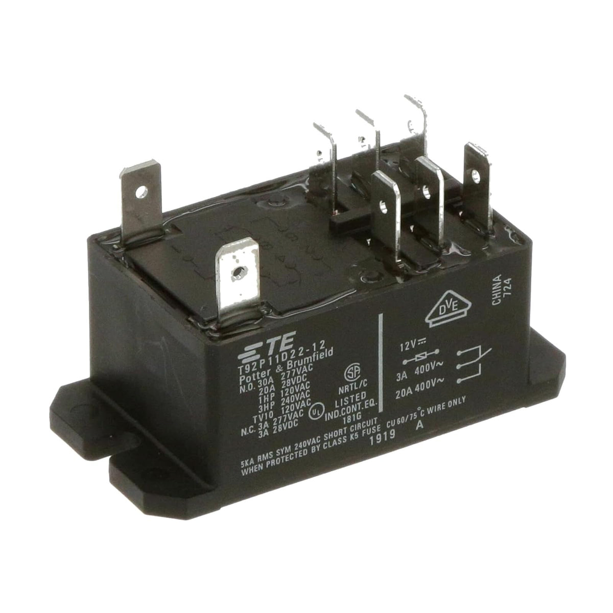 T92P11D22-12 power relay, 12 V DC coil, DPDT contacts, pack of 2
