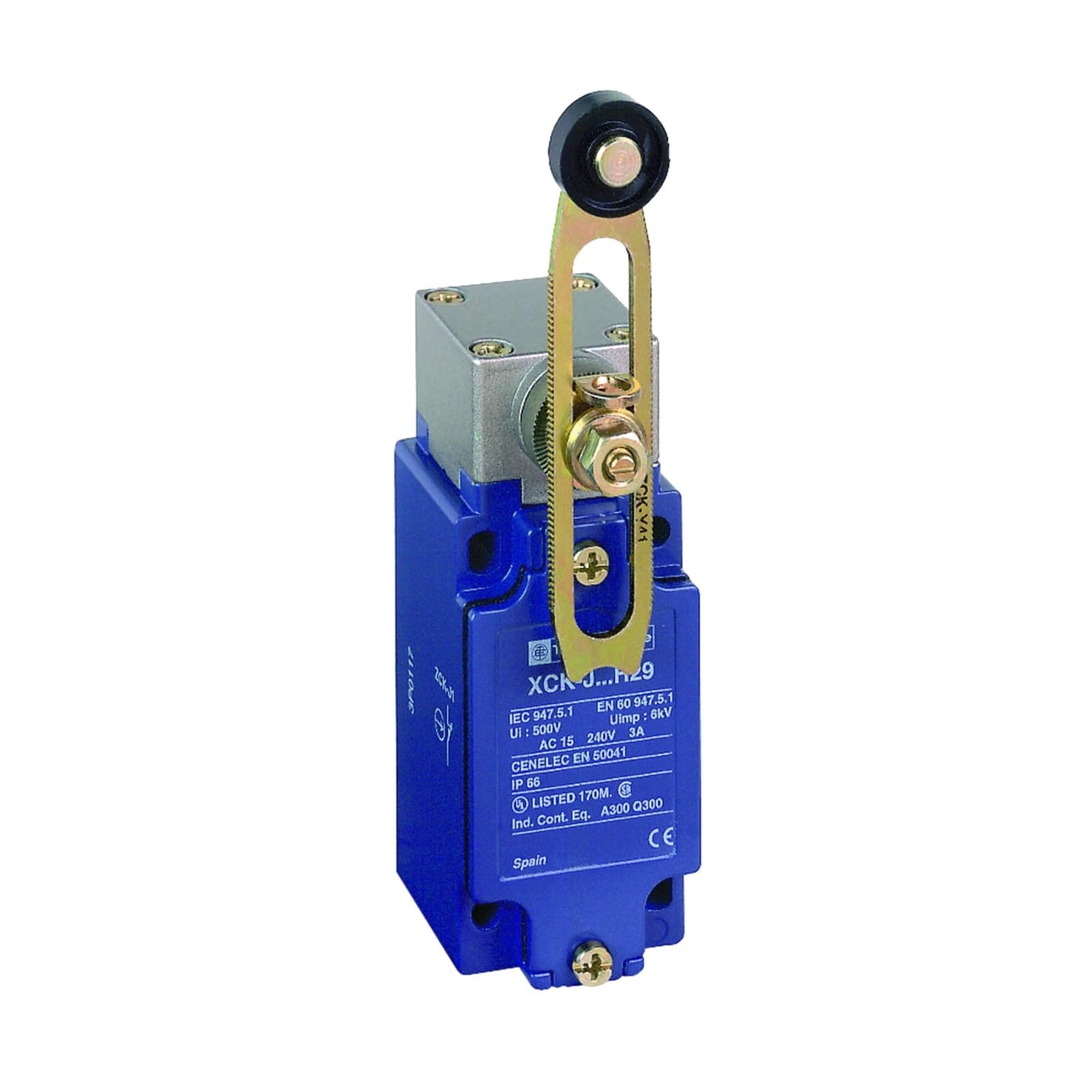 XCKJ10541H7 XCKJ OsiSense XC Standard Limit Switch, SPDT Contacts, Non-Plug in, Rotary Head, Adjustable Delrin Roller, 1/2" N