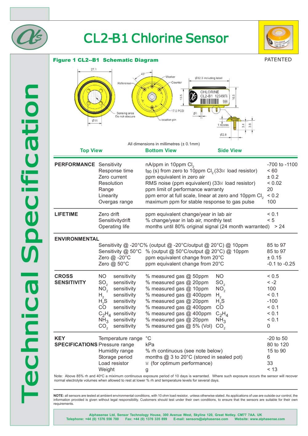Chlorine Sensor (CL2 Sensor) - CL2-B1