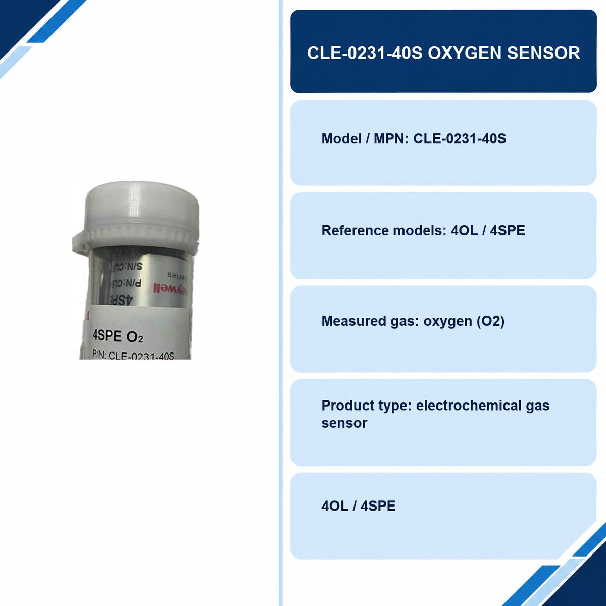 CLE-0231-40S Oxygen Sensor specifications and delivery information