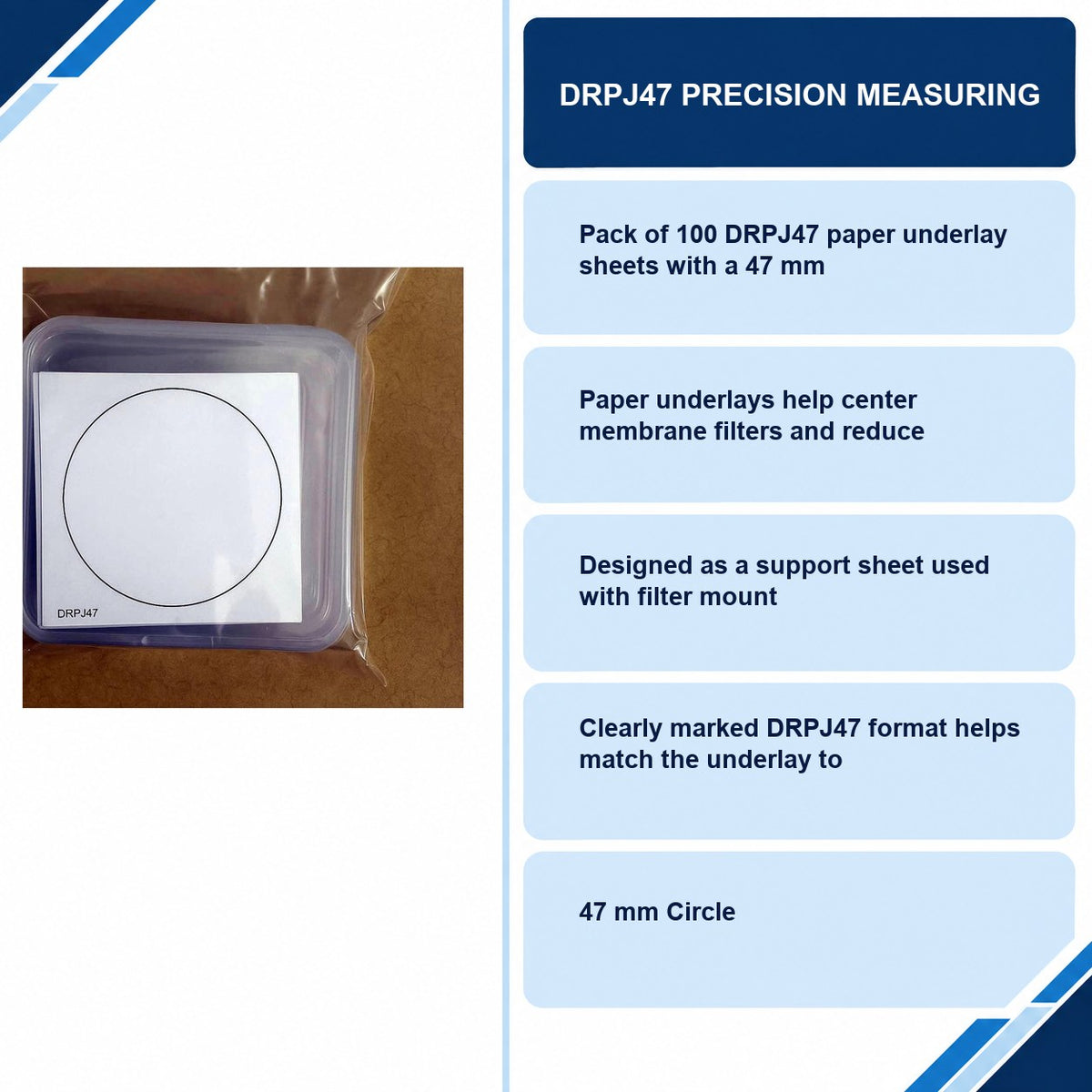 DRPJ47 paper underlay information card for 47 mm filter-mount support sheets, pack of 100