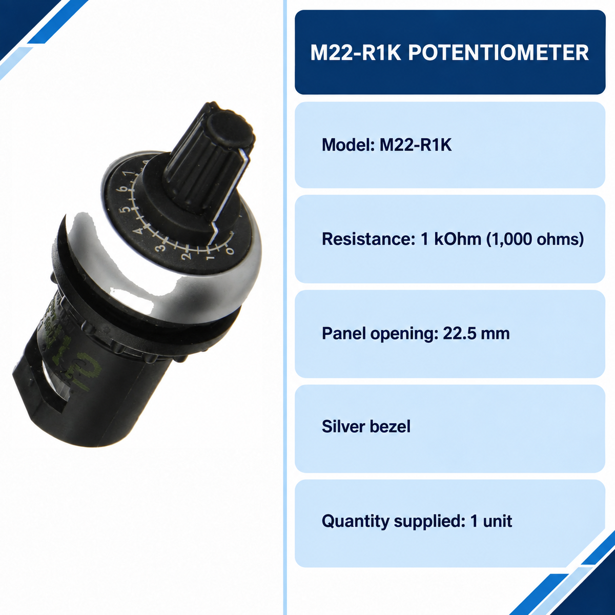 M22-R1K specifications: 1 kOhm resistance, 22.5 mm panel opening, silver bezel, one unit