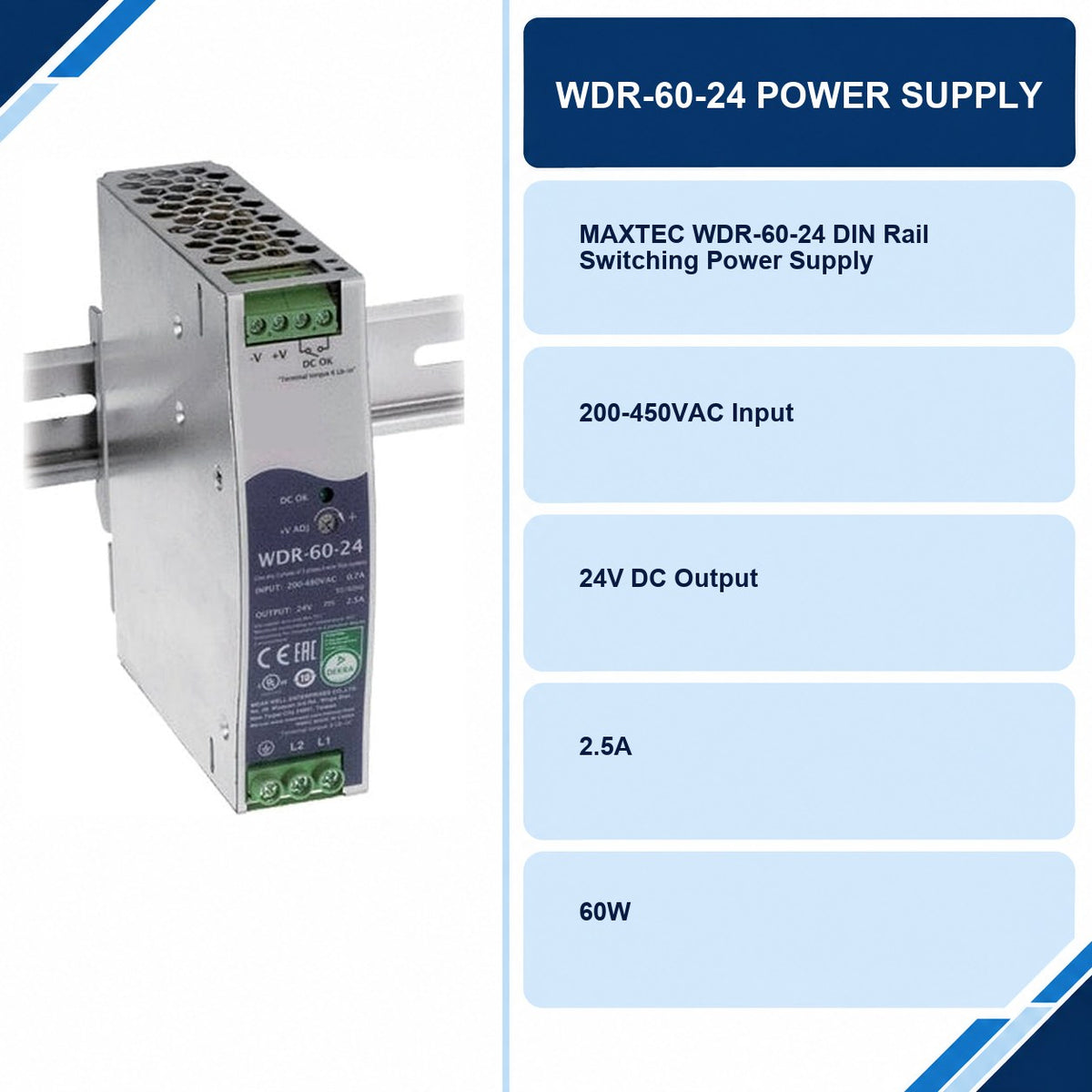 WDR-60-24 Power Supply specifications and delivery information