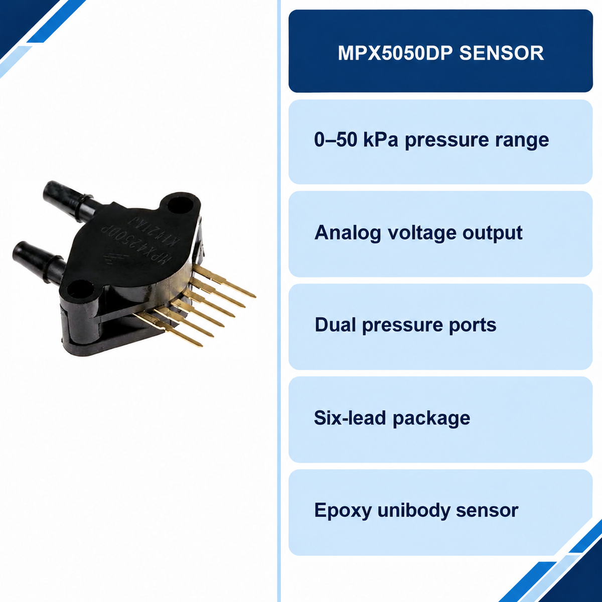 MPX5050DP factual model card: 0–50 kPa differential pressure range, analog voltage output, dual ports and six-lead epoxy unibody