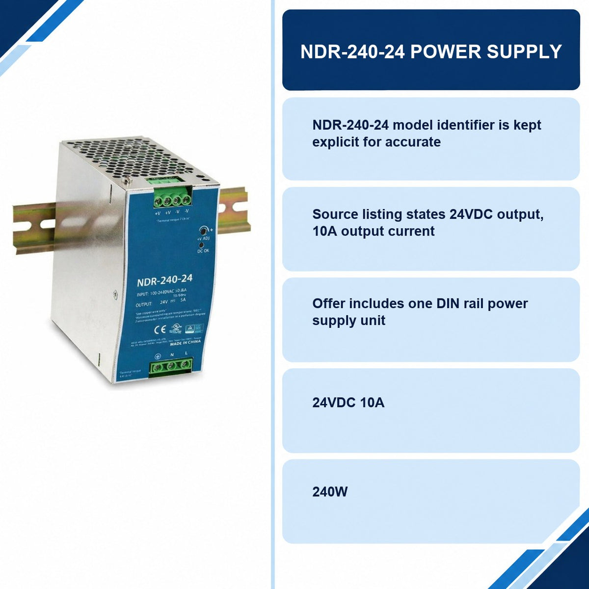 NDR-240-24 Power Supply specifications and delivery information
