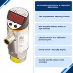 PN-010-RBN14-QFRKG/US//V pressure-monitor information card showing the display, connector and listed switching-output features.