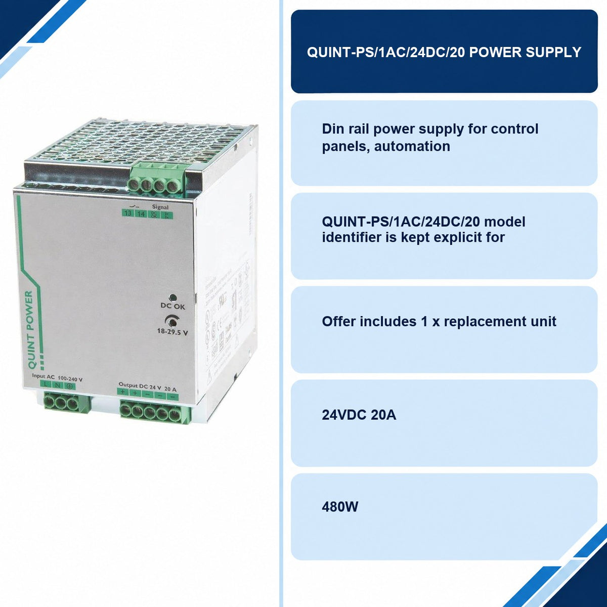 QUINT-PS/1AC/24DC/20 Power Supply specifications and delivery information