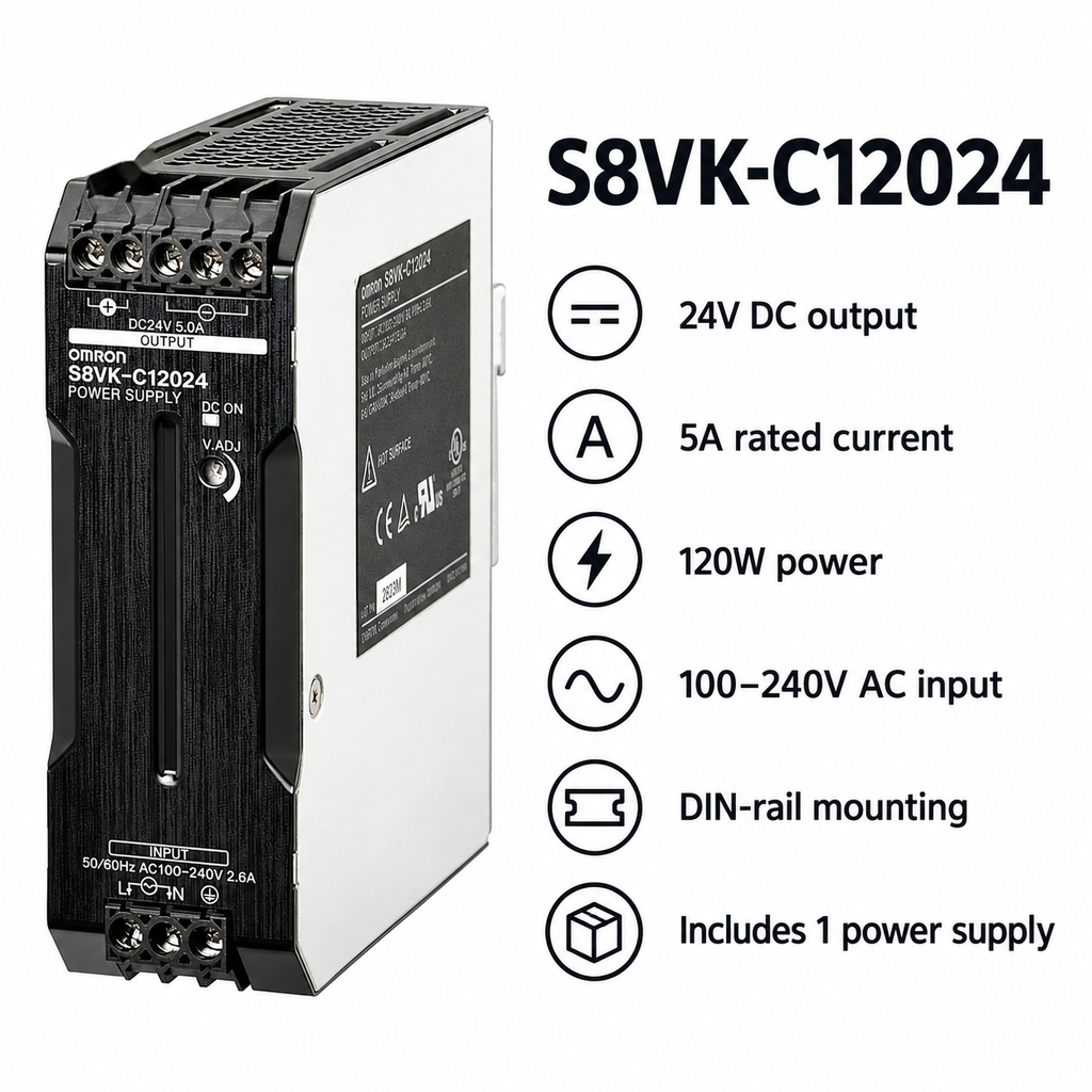 S8VK-C12024 factual specification card: 24V DC, 5A rated current, 120W, 100–240V AC input, DIN-rail mounting, one power supply