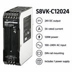 S8VK-C12024 factual specification card: 24V DC, 5A rated current, 120W, 100–240V AC input, DIN-rail mounting, one power supply
