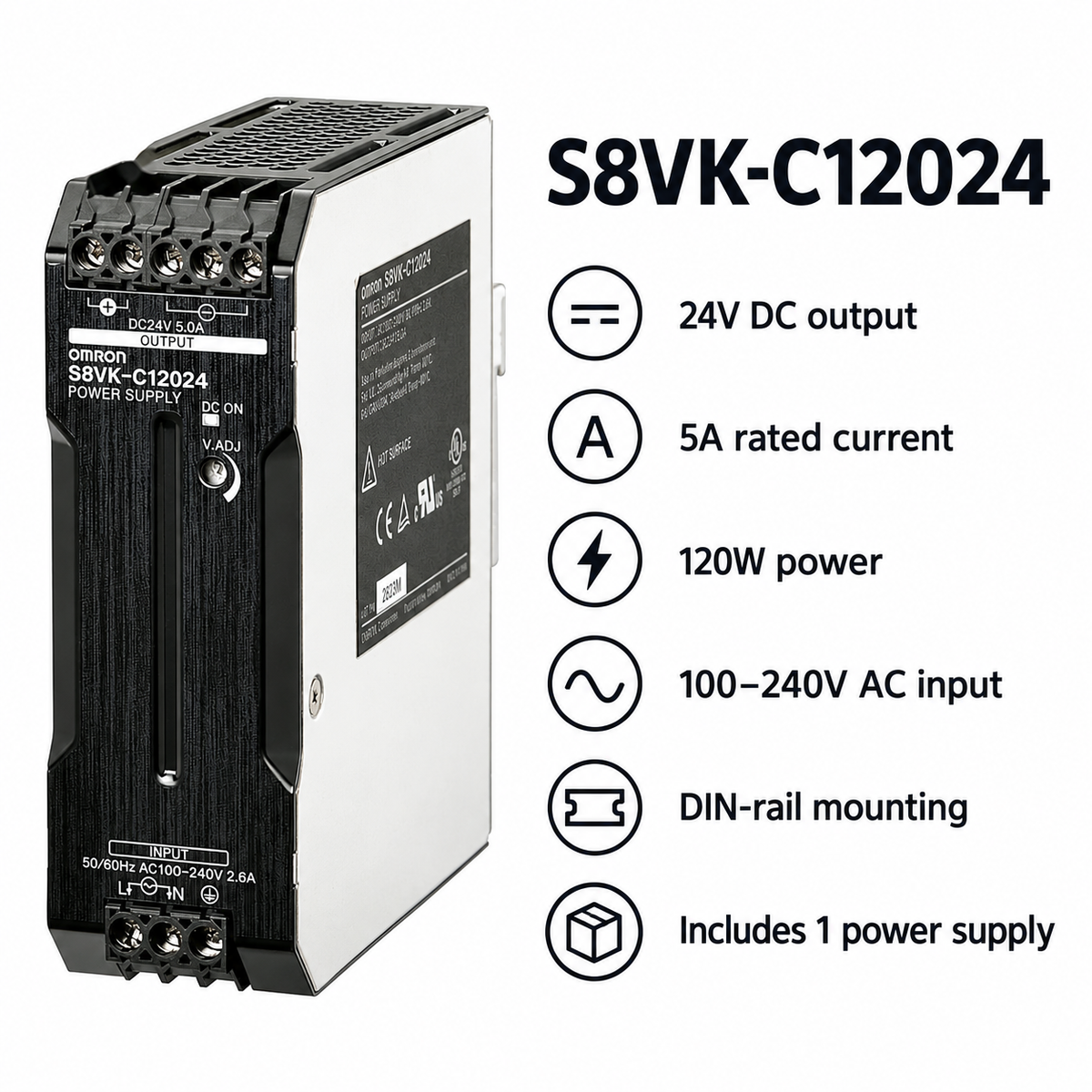S8VK-C12024 factual specification card: 24V DC, 5A rated current, 120W, 100–240V AC input, DIN-rail mounting, one power supply