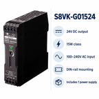 S8VK-G01524 factual specification card: 24V DC, 15W class, 100–240V AC input, DIN-rail mounting, one power supply