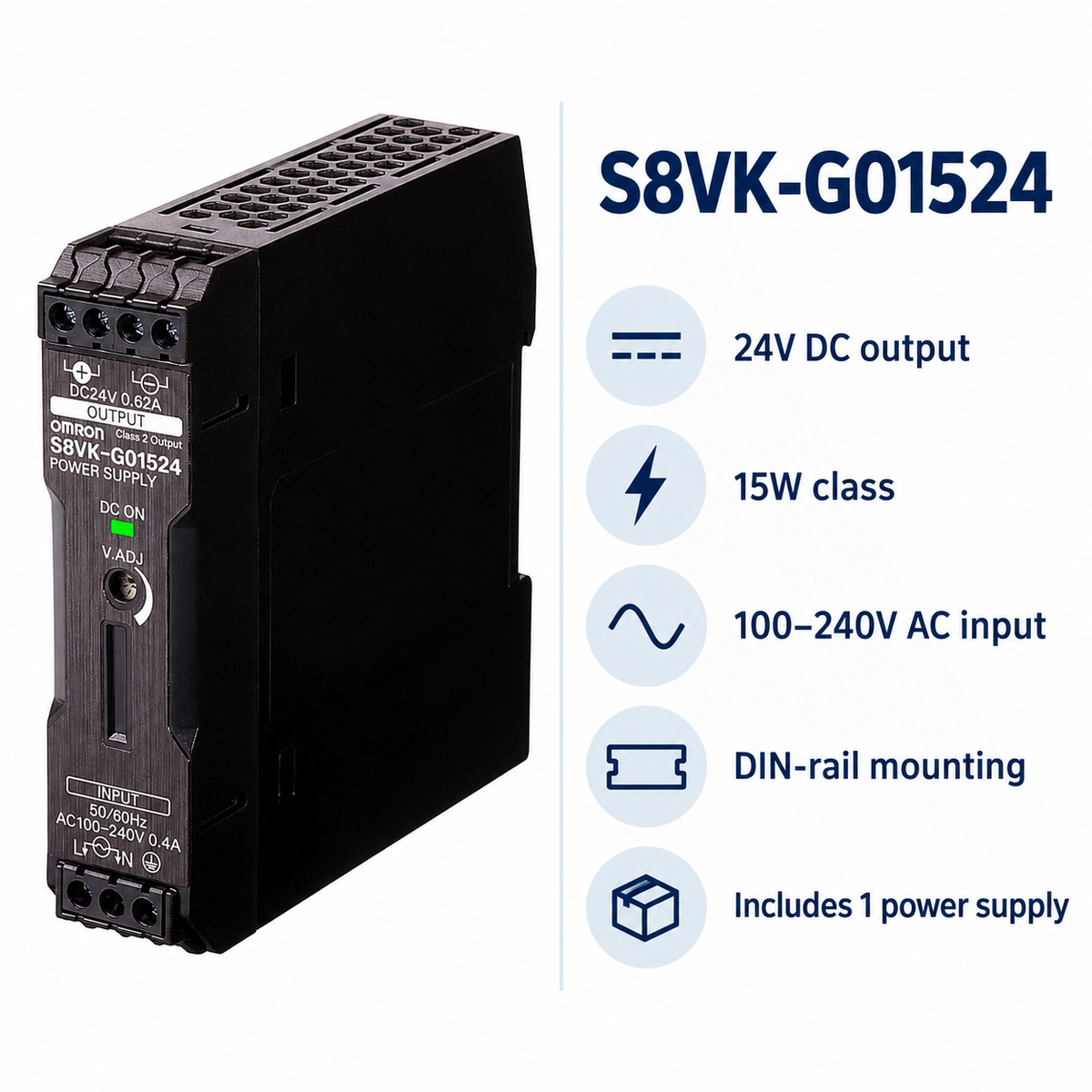 S8VK-G01524 factual specification card: 24V DC, 15W class, 100–240V AC input, DIN-rail mounting, one power supply