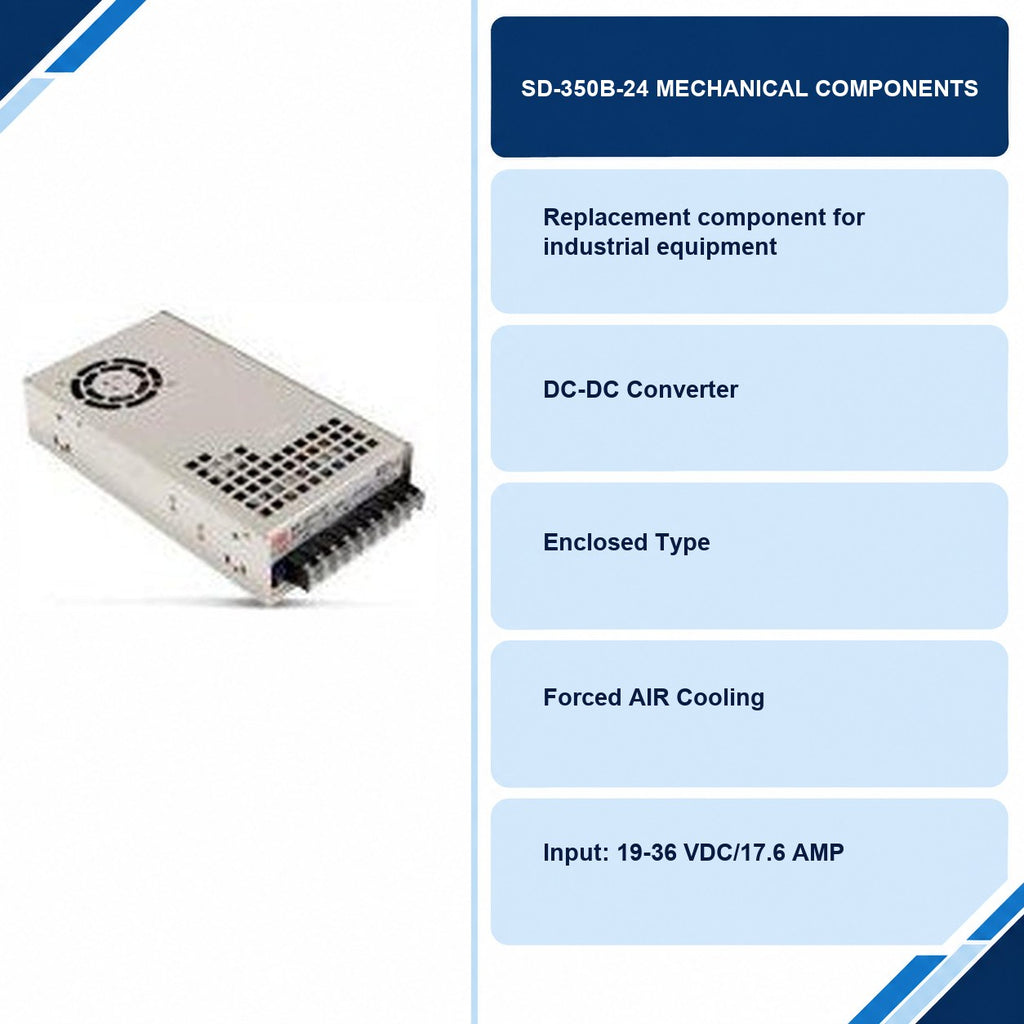 SD-350B-24 DC/DC converter information card showing enclosed housing, fan cooling and model details