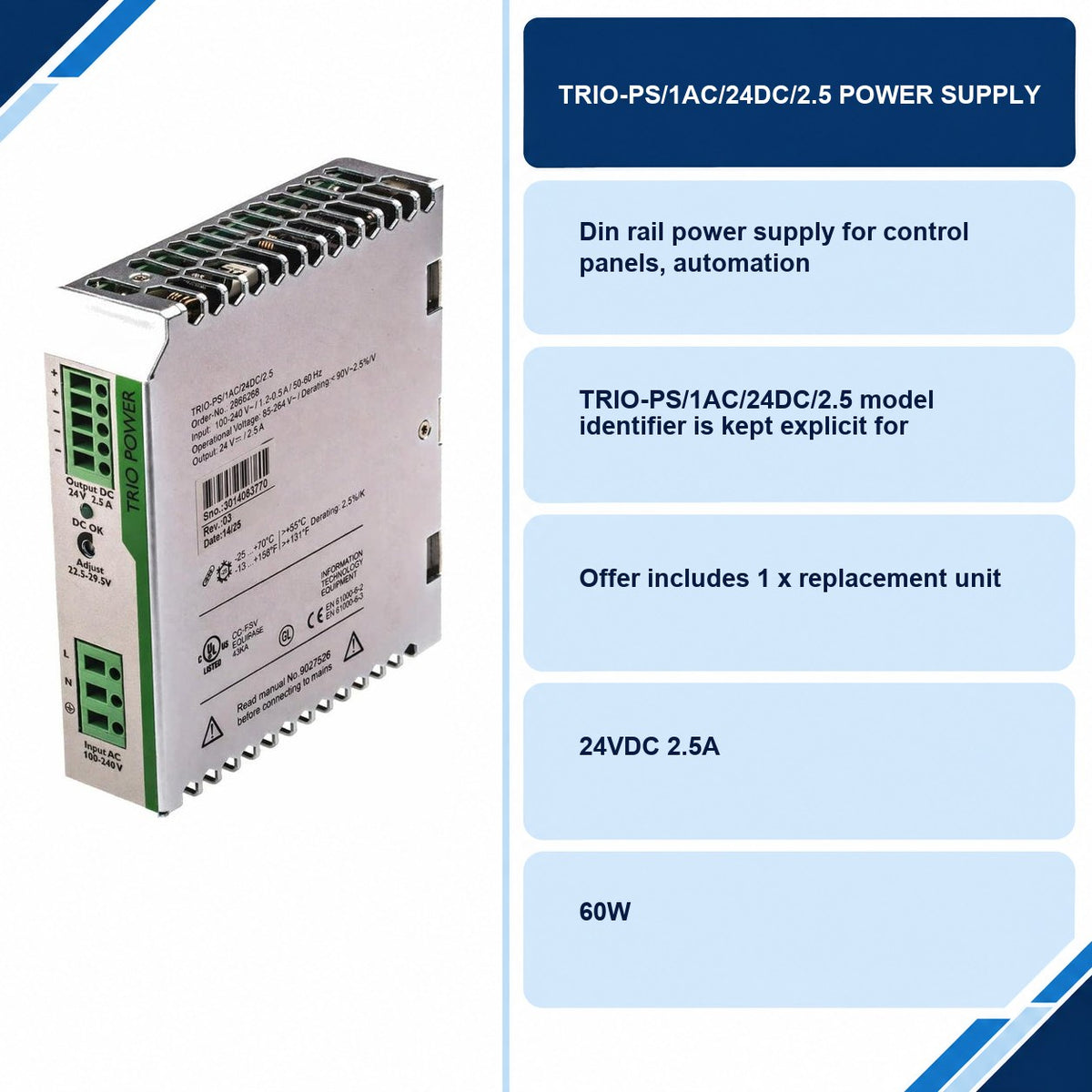 TRIO-PS/1AC/24DC/2.5 Power Supply specifications and delivery information
