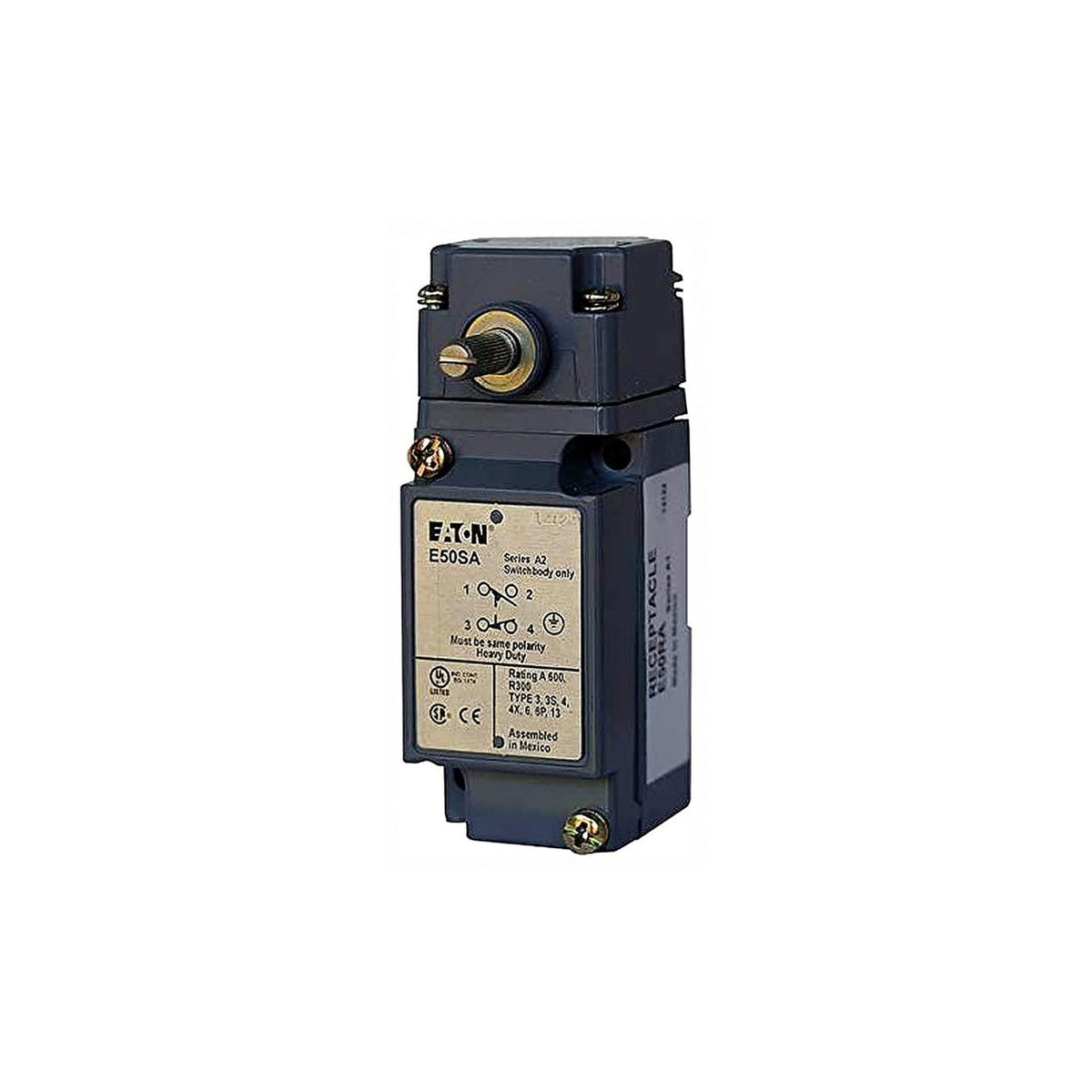 CUTLER HAMMER E50AR1 Side Rotary, Spring Return, 250 VDC, Heavy Duty, 240 VAC, Assembled, Limit Switch, 1 A, 10 A, 1 NO/1 NC