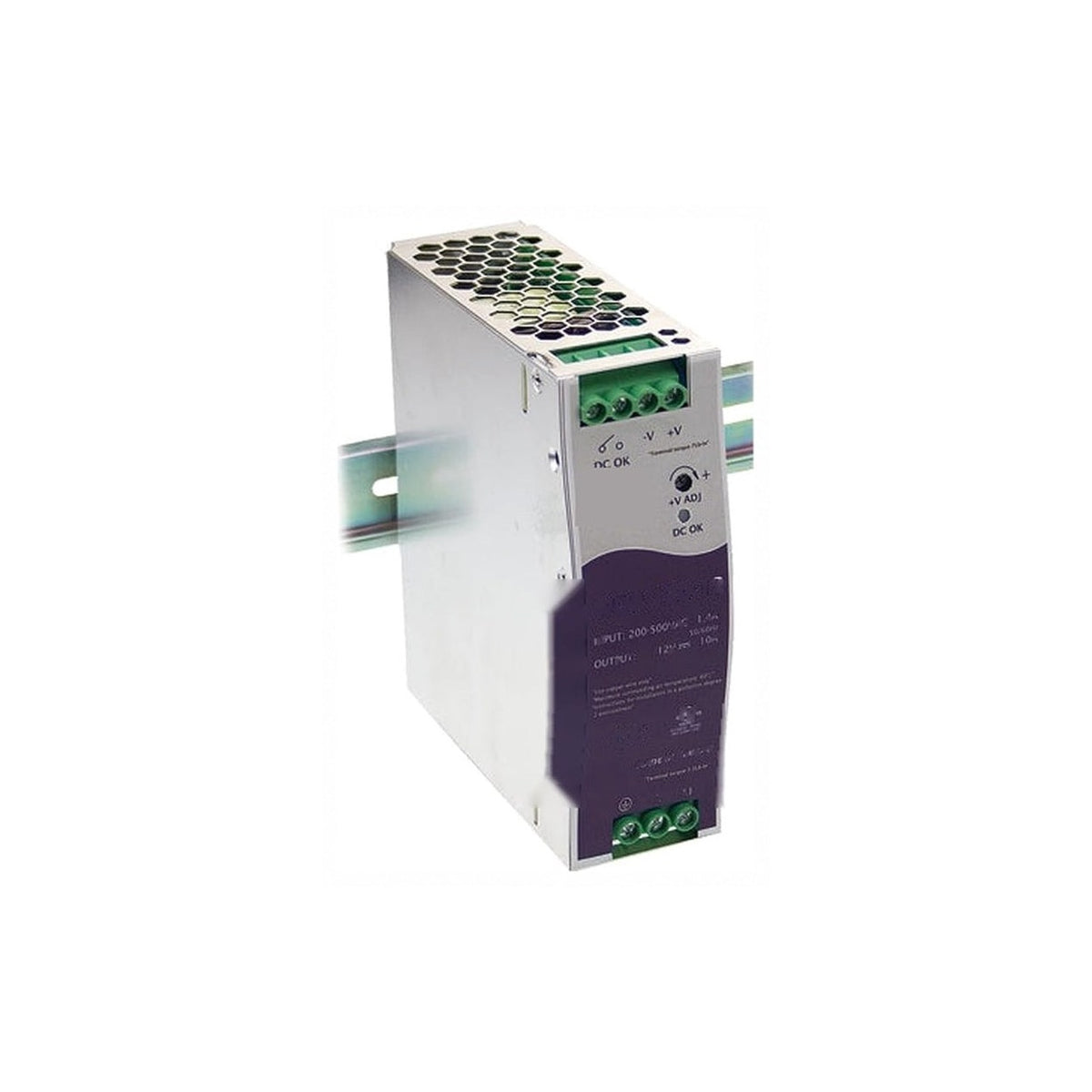 DIN rail power supply, front view