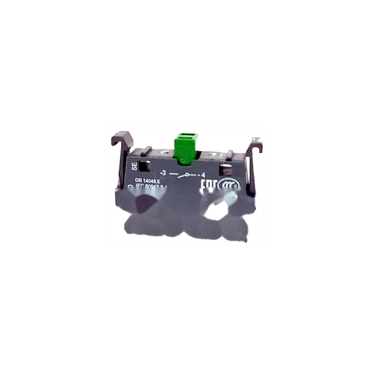 Auxiliary contact block with green actuator and a normally open contact diagram at terminals 3 and 4