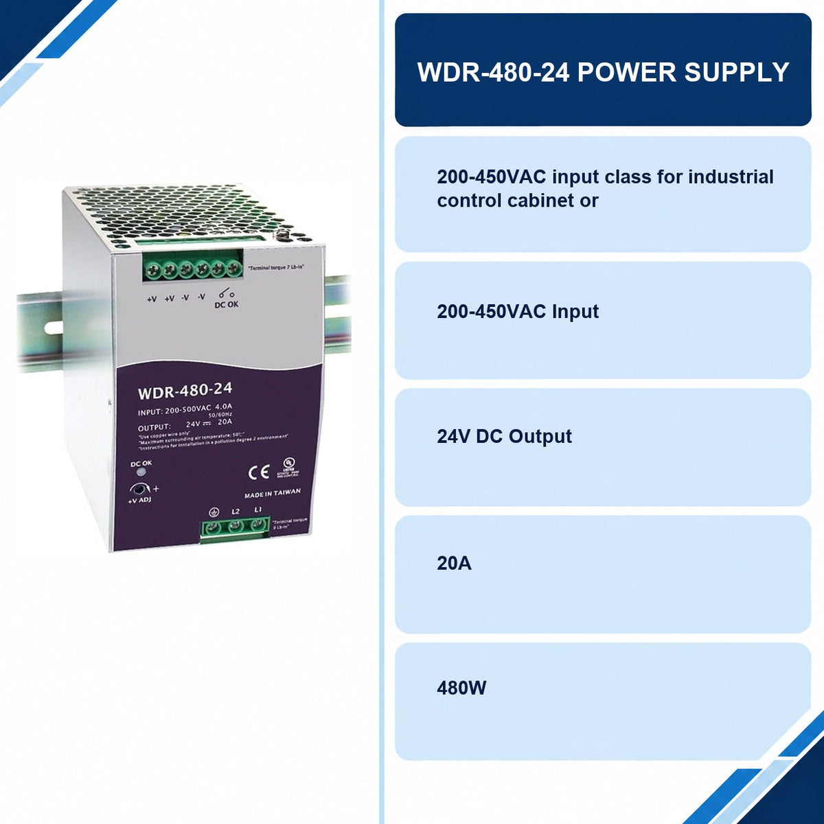 WDR-480-24 Power Supply specifications and delivery information