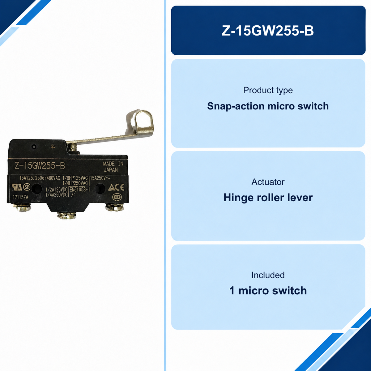 Z-15GW255-B snap-action micro switch: hinge roller lever, one micro switch.